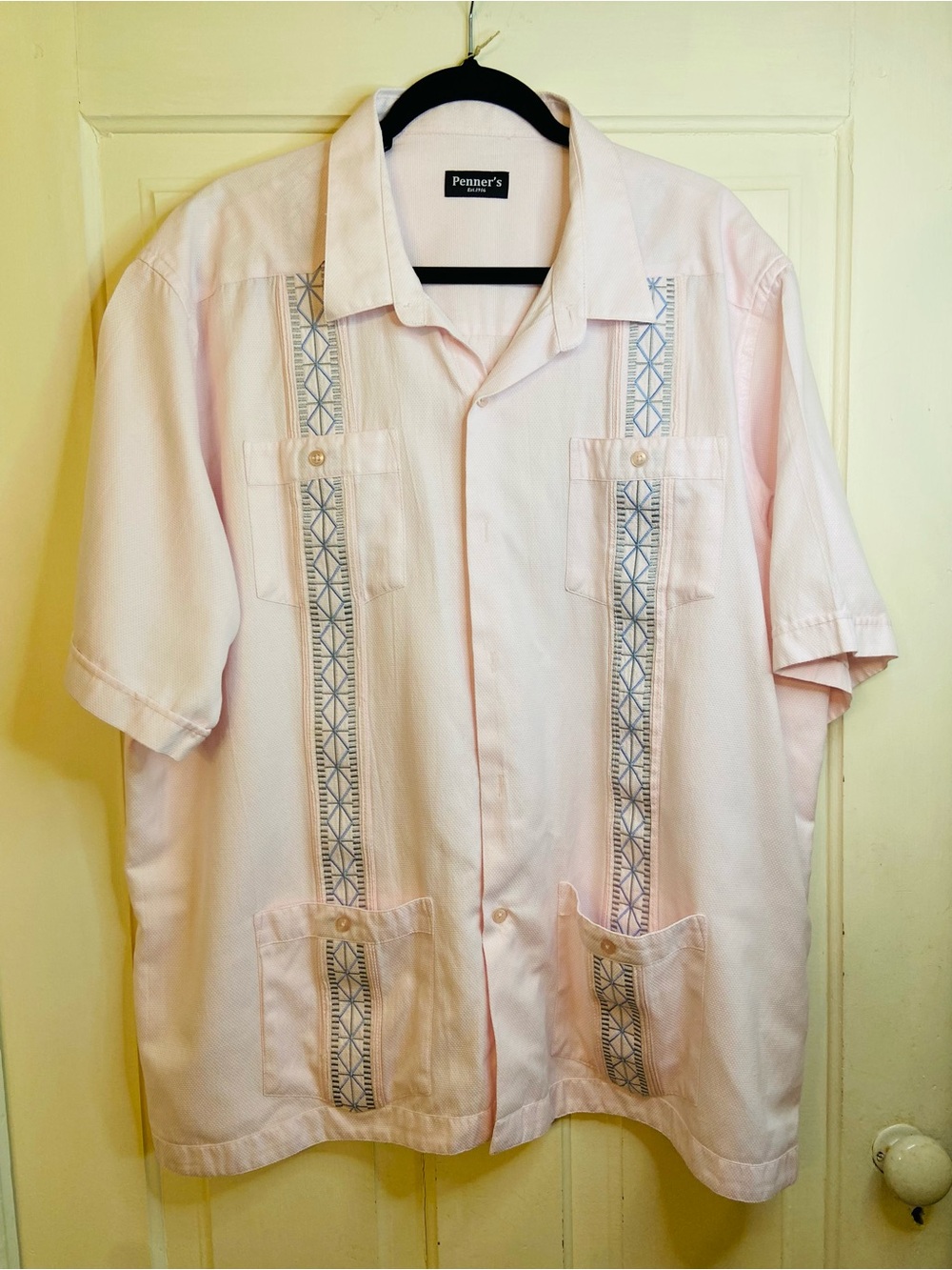 Penner's Pale Pink Cuban Shirt with Blue Embroidery